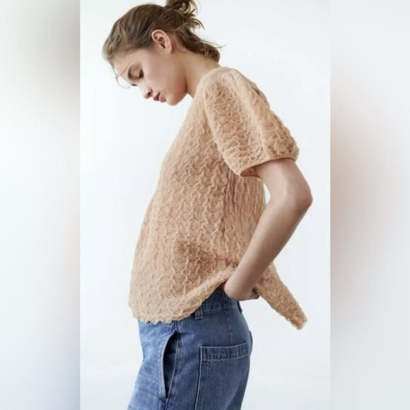NWT Zara puffy sleeves open back short sleeve chiffon textured top Sz M - Picture 5 of 11